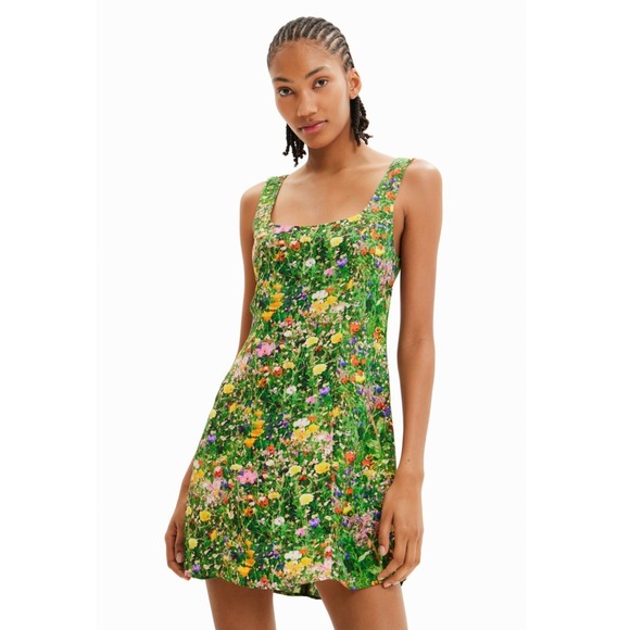 Desigual Sleeveless Shift Mini Dress in Green Floral Print Size XL - Picture 1 of 12